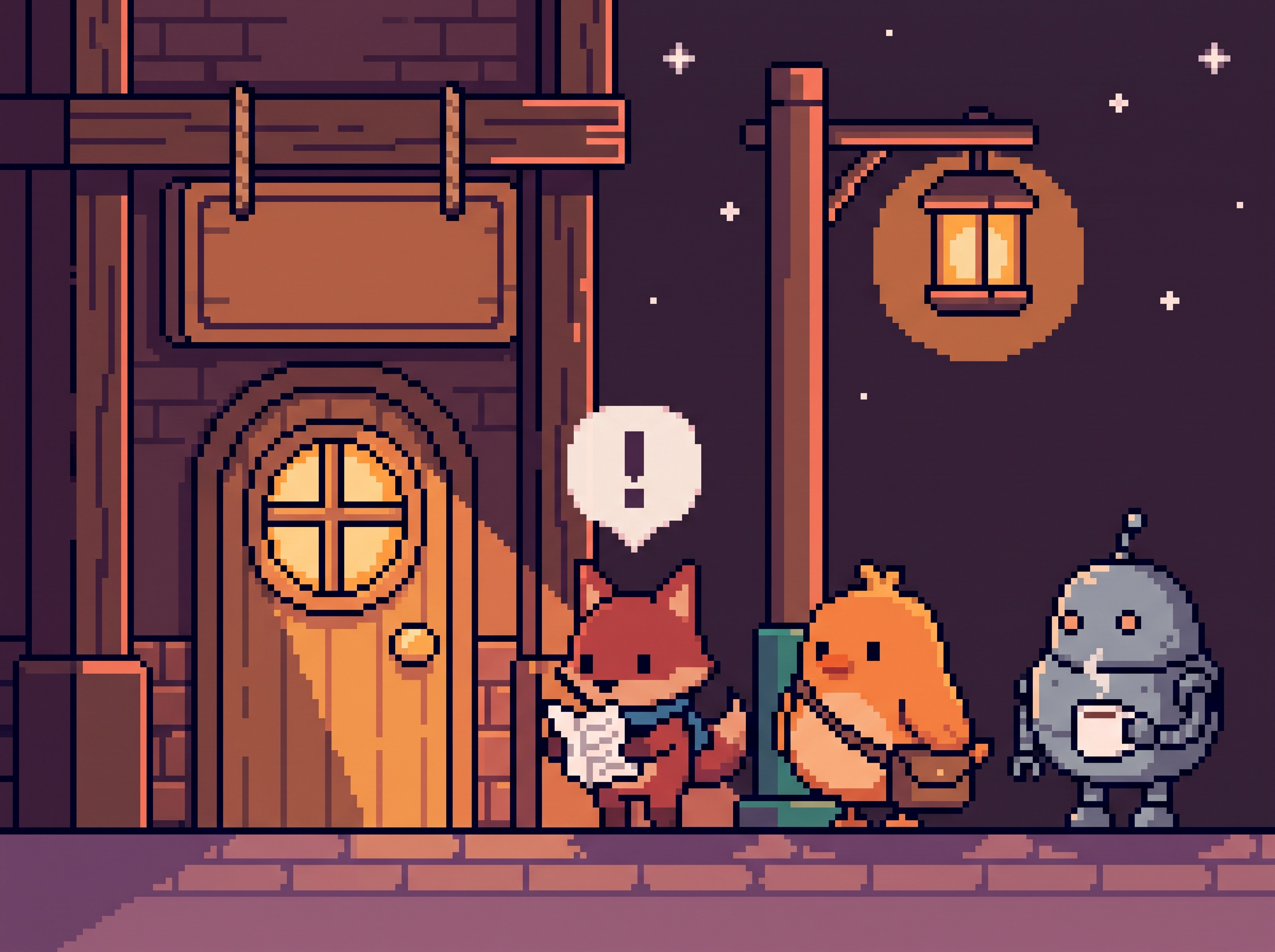 Pixel-art Agentown characters waiting in line at night outside the manager office to report what went wrong