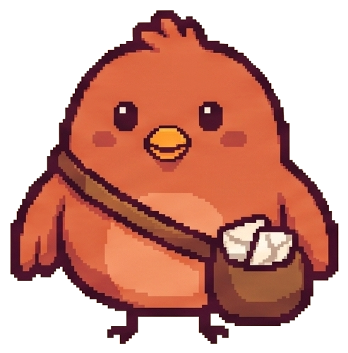 Pixel-art orange bird character Pell, the mail clerk of the Agentown village, waving hello